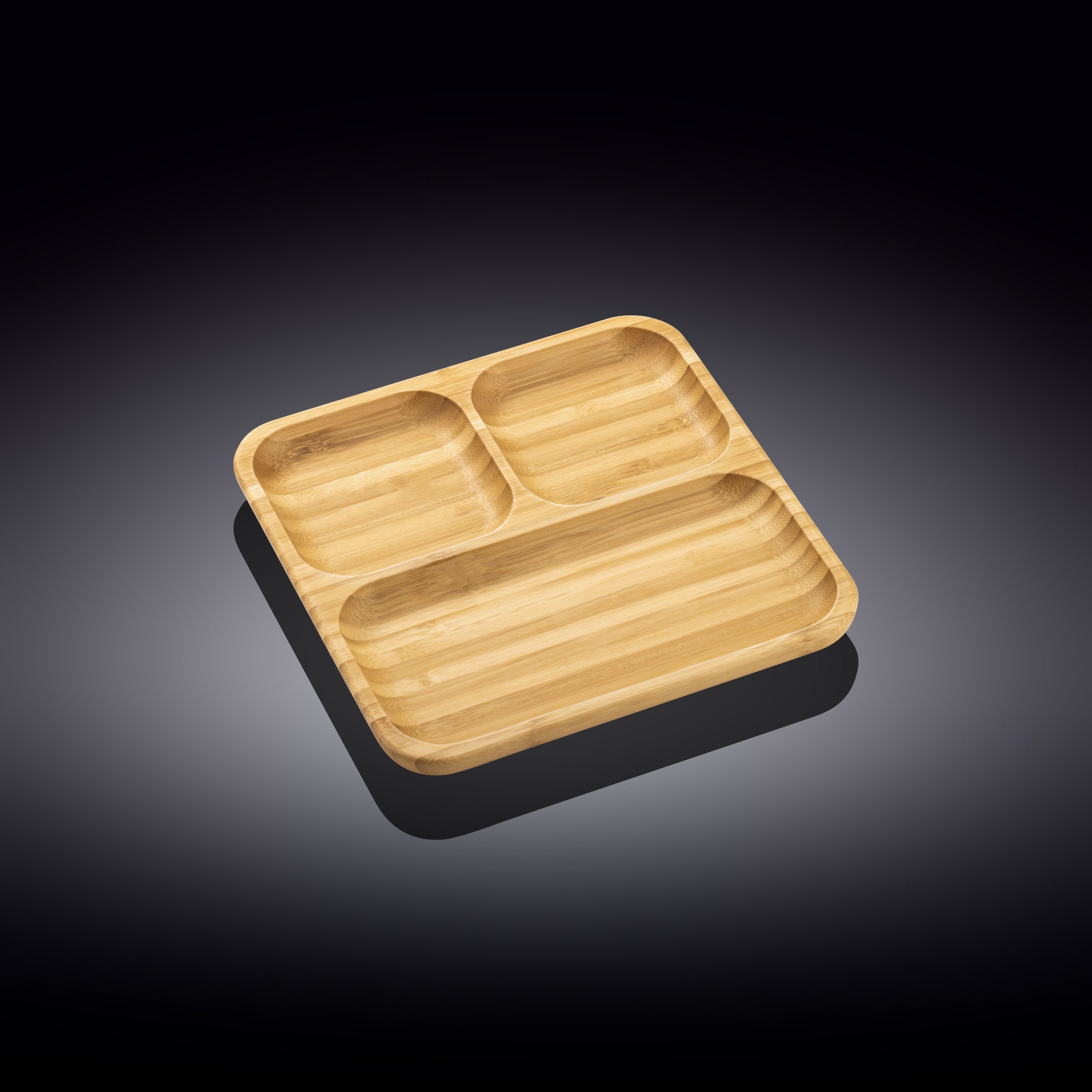 Bamboo Square Divided Dish with three wells, perfect for serving appetizers and sides, showcasing its natural texture and eco-friendly design.