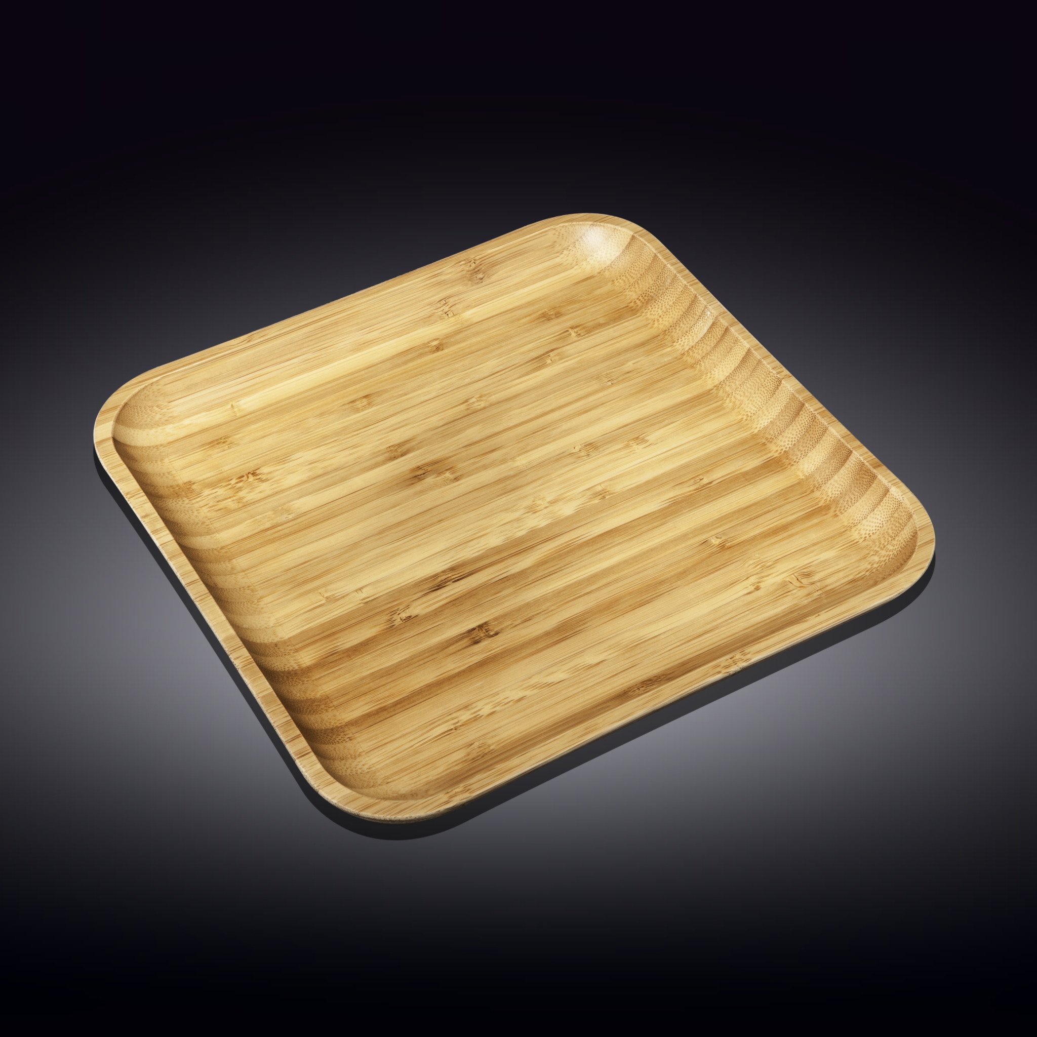 A 14-inch square bamboo platter, elegantly designed for serving appetizers and barbecue dishes, showcasing its natural texture and eco-friendly material.