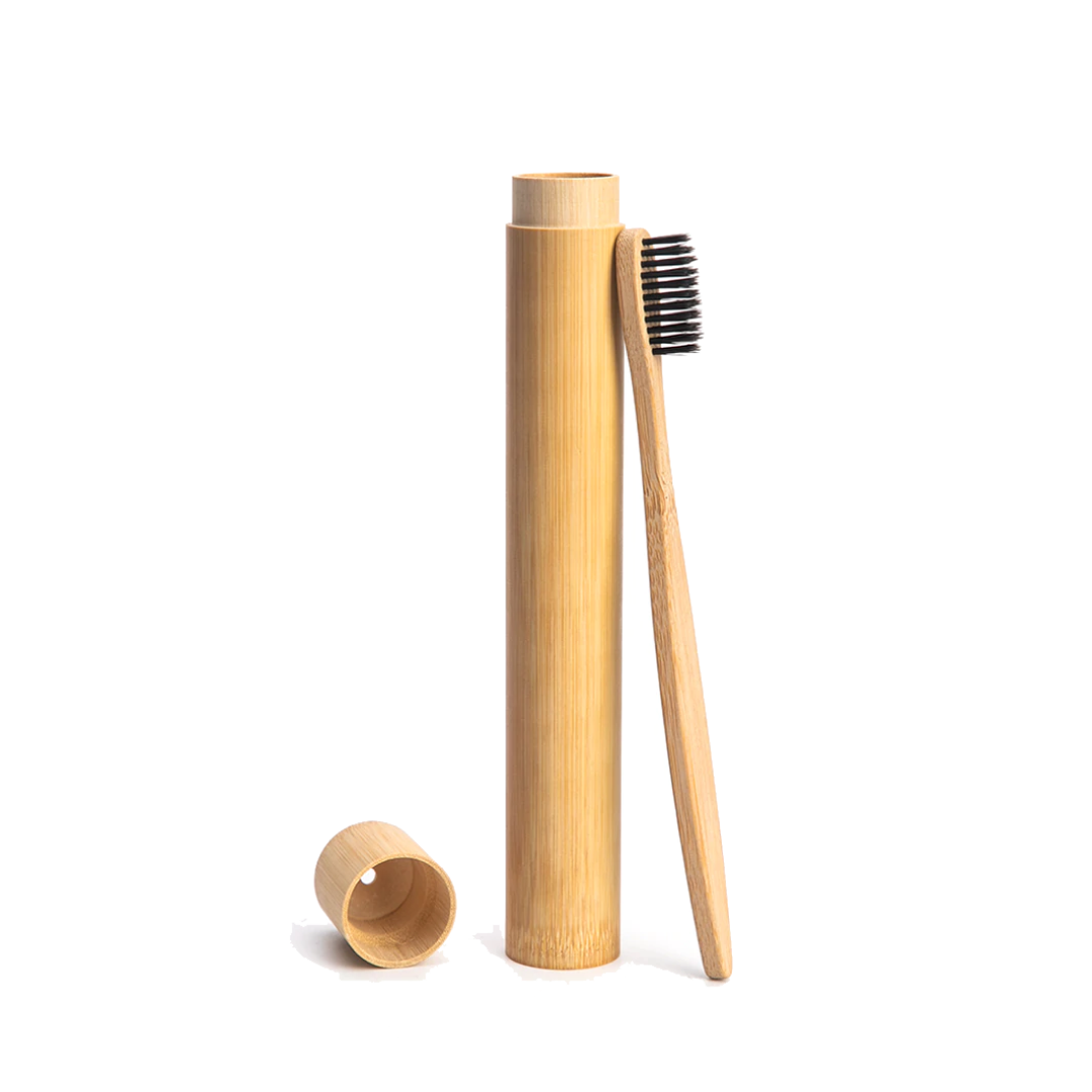 A sustainable bamboo toothbrush case, lightweight and eco-friendly, designed to hold a bamboo toothbrush securely.