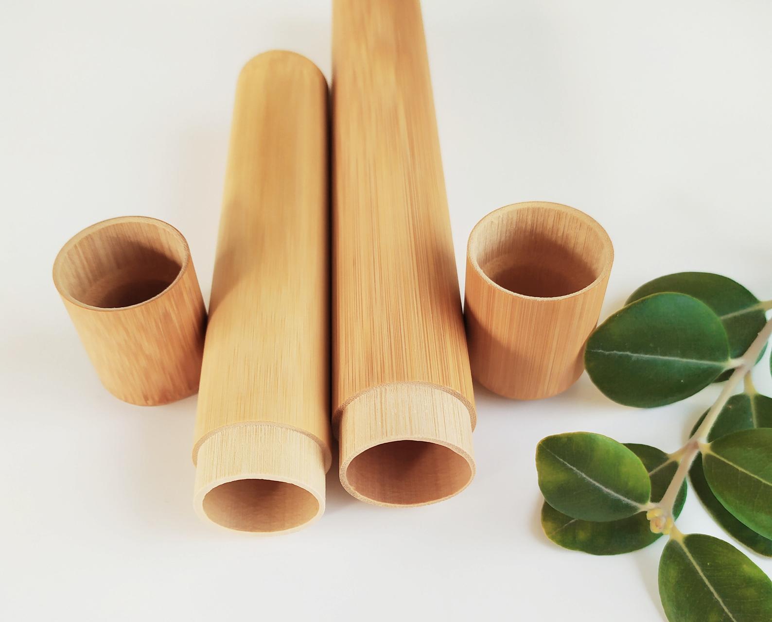 A sustainable bamboo toothbrush case, lightweight and eco-friendly, designed to hold a bamboo toothbrush securely.