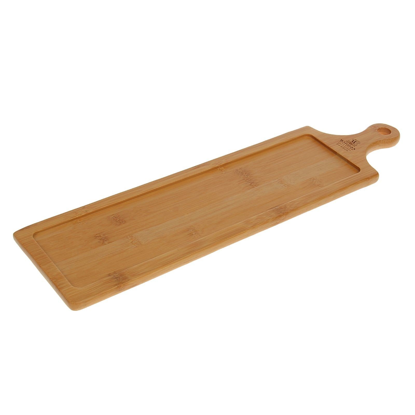 WILMAX Bamboo Tray 18" x 4.75" for serving appetizers and barbecues, featuring a natural bamboo finish and built-in handles.