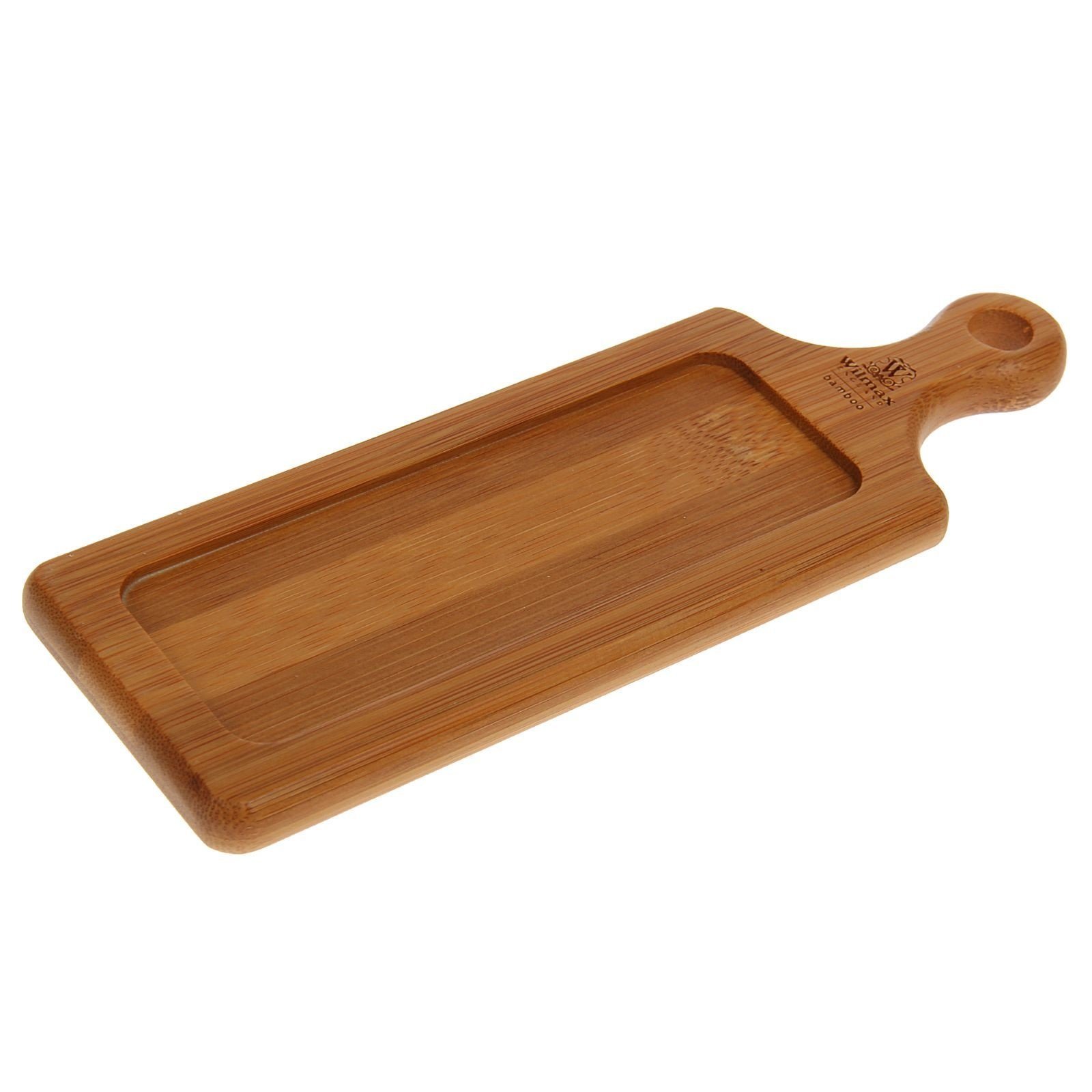 WILMAX 8-inch bamboo serving tray with handle, perfect for appetizers and barbecues, showcasing its natural texture and eco-friendly design.