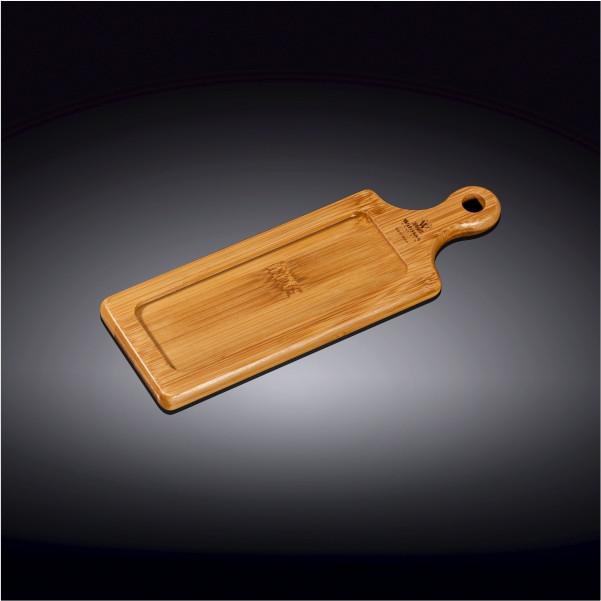 WILMAX 8-inch bamboo serving tray with handle, perfect for appetizers and barbecues, showcasing its natural texture and eco-friendly design.