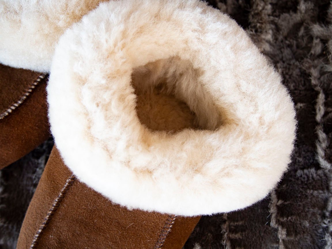 Bambosze Sheepskin Slippers made from natural sheepskin and leather, showcasing their elegant design and craftsmanship.