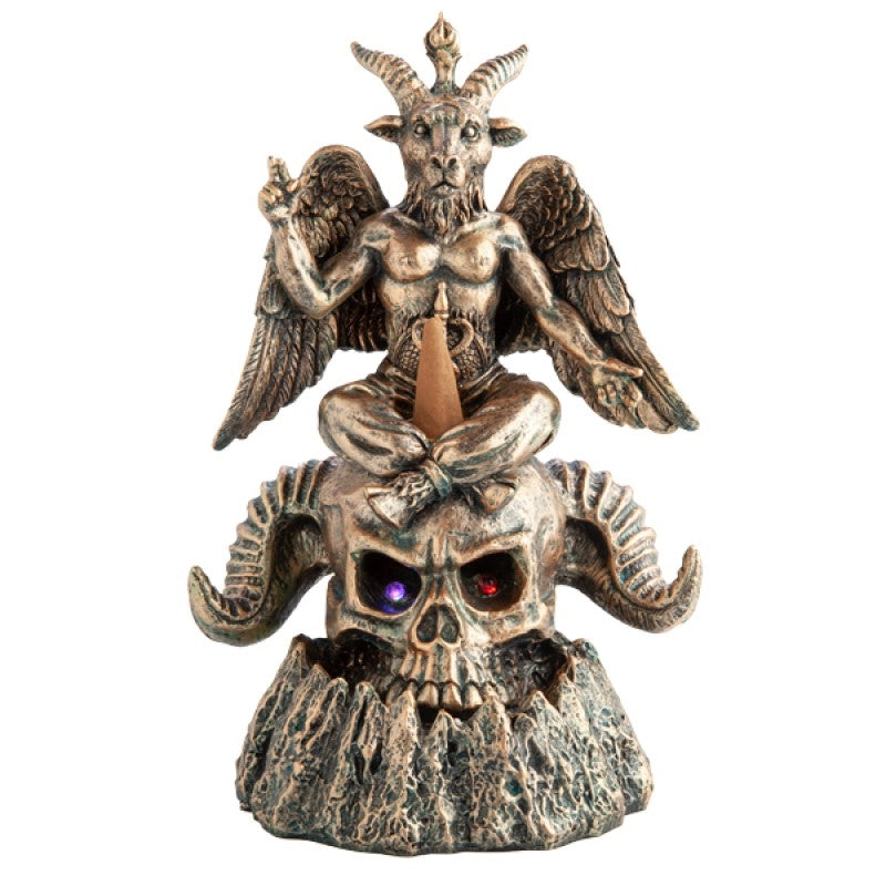 Baphomet Horned Skull LED Backflow Incense Burner with colorful lights and flowing smoke.