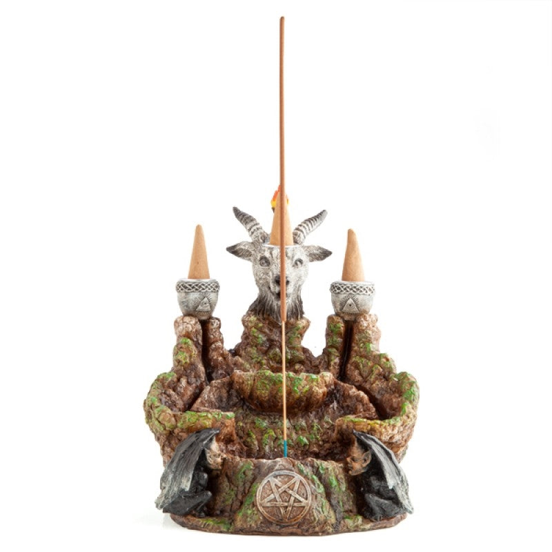 Baphomet Mountain LED Backflow Incense Burner with intricate design and glowing LED lights, showcasing cascading smoke.