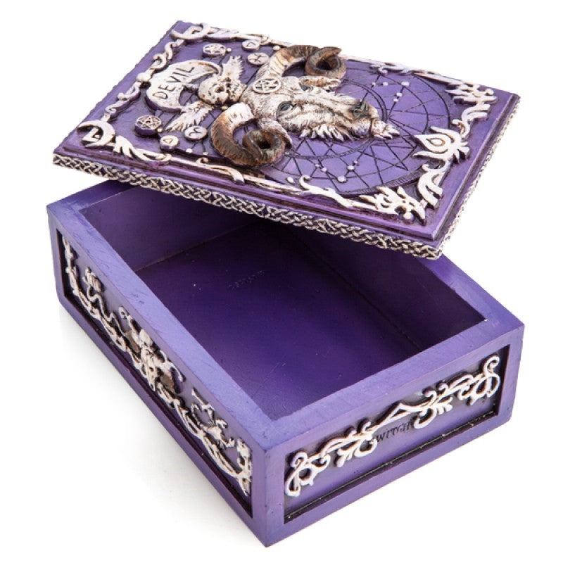 A beautifully designed Baphomet Tarot Box featuring intricate artwork, perfect for storing tarot cards.