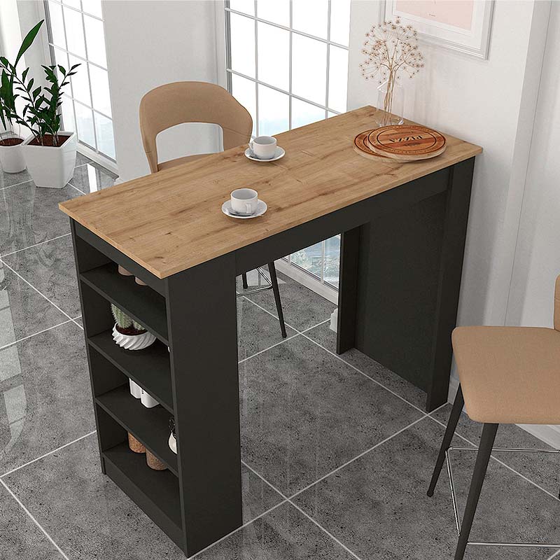 Bar Table FEELINGS in anthracite and sapphire oak, featuring shelves and modern design.