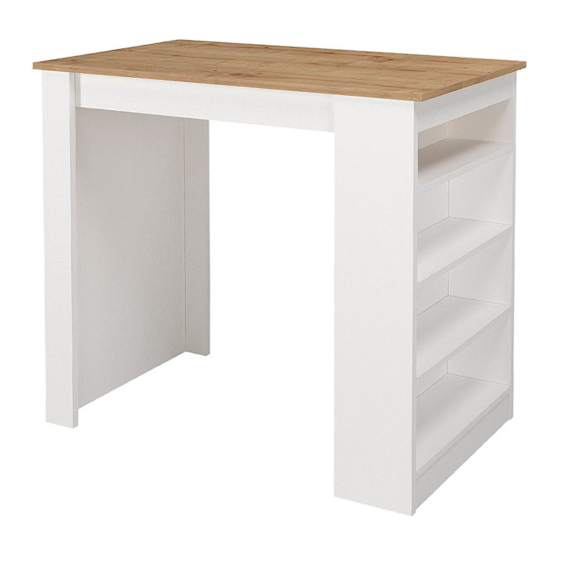 Bar Table FEELINGS in White and Sapphire Oak, featuring a sleek design with shelves for storage, perfect for home or business use.