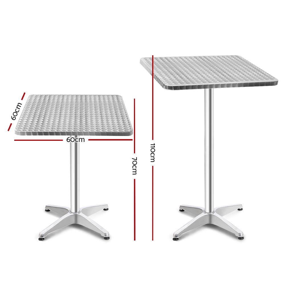 Adjustable aluminium bar table with stainless steel top, perfect for indoor and outdoor use, showcasing its sleek design and sturdy base.