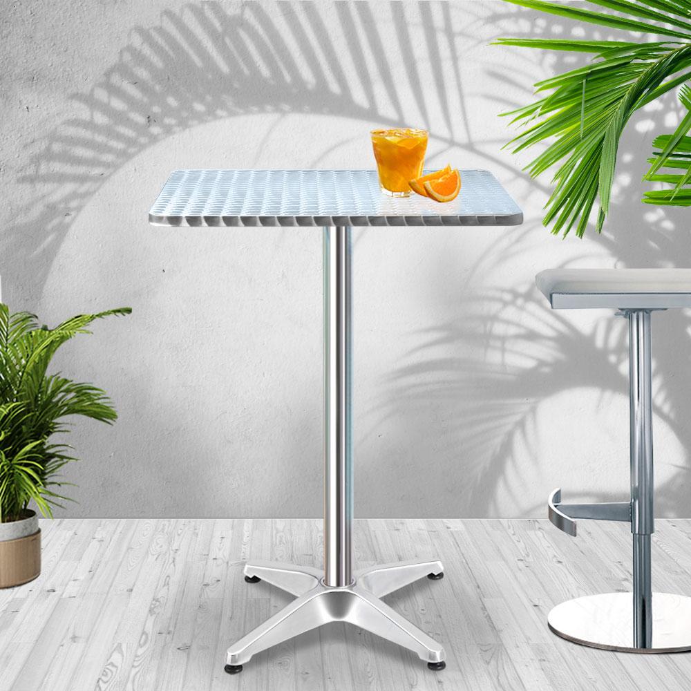 Adjustable aluminium bar table with stainless steel top, perfect for indoor and outdoor use, showcasing its sleek design and sturdy base.