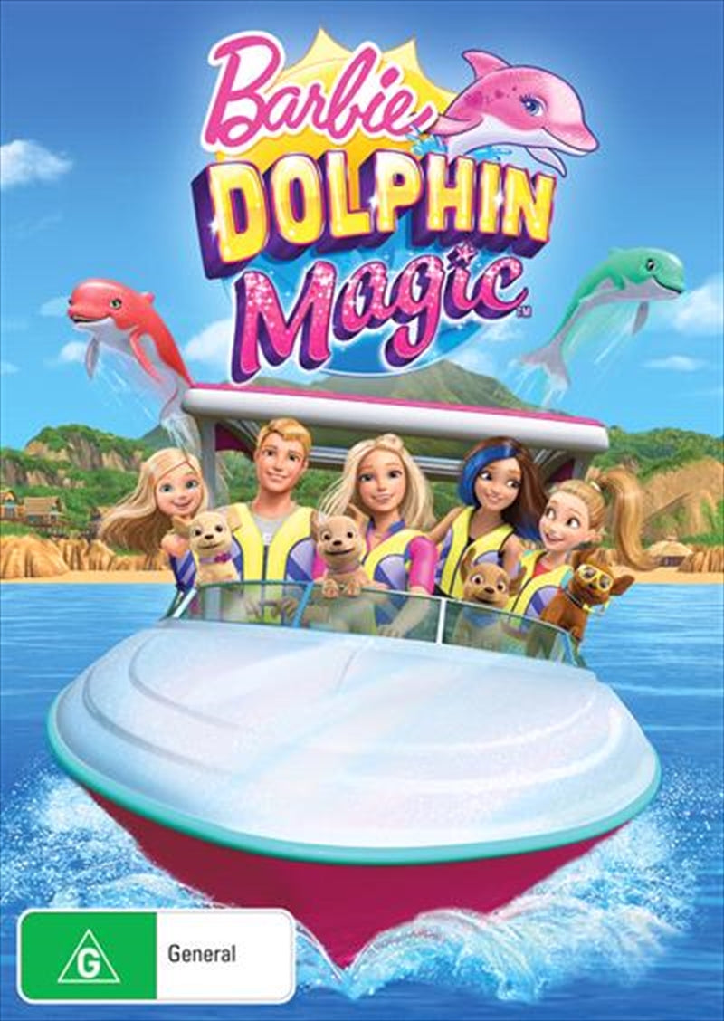 Barbie and her sisters exploring a vibrant coral reef with rainbow-colored dolphins swimming around them.