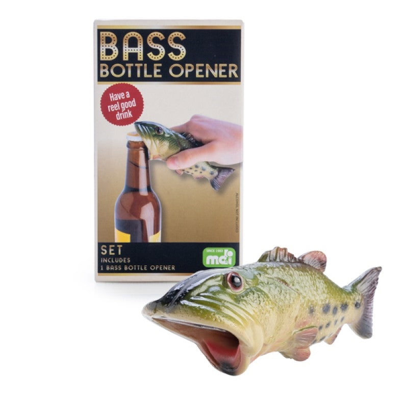 Bass Fish Bottle Opener made of polyresin with realistic fish coloring, ideal for fishing enthusiasts.