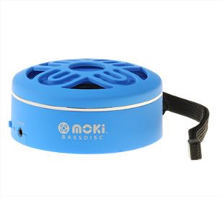 Moki BassDisc Bluetooth Speaker in blue color, compact and portable design with a wrist strap, showcasing its sleek and modern look.