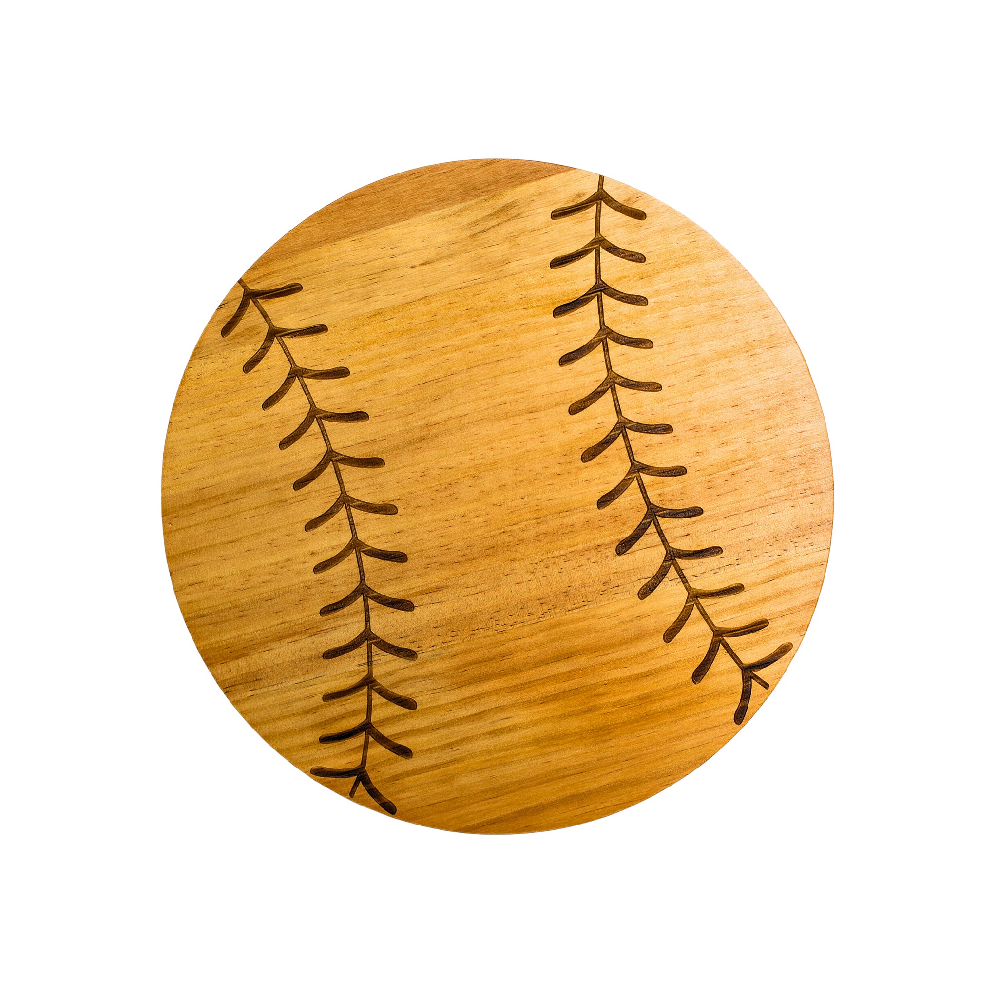 A 13-inch bamboo cutting board shaped like a baseball, showcasing its unique design and smooth surface.