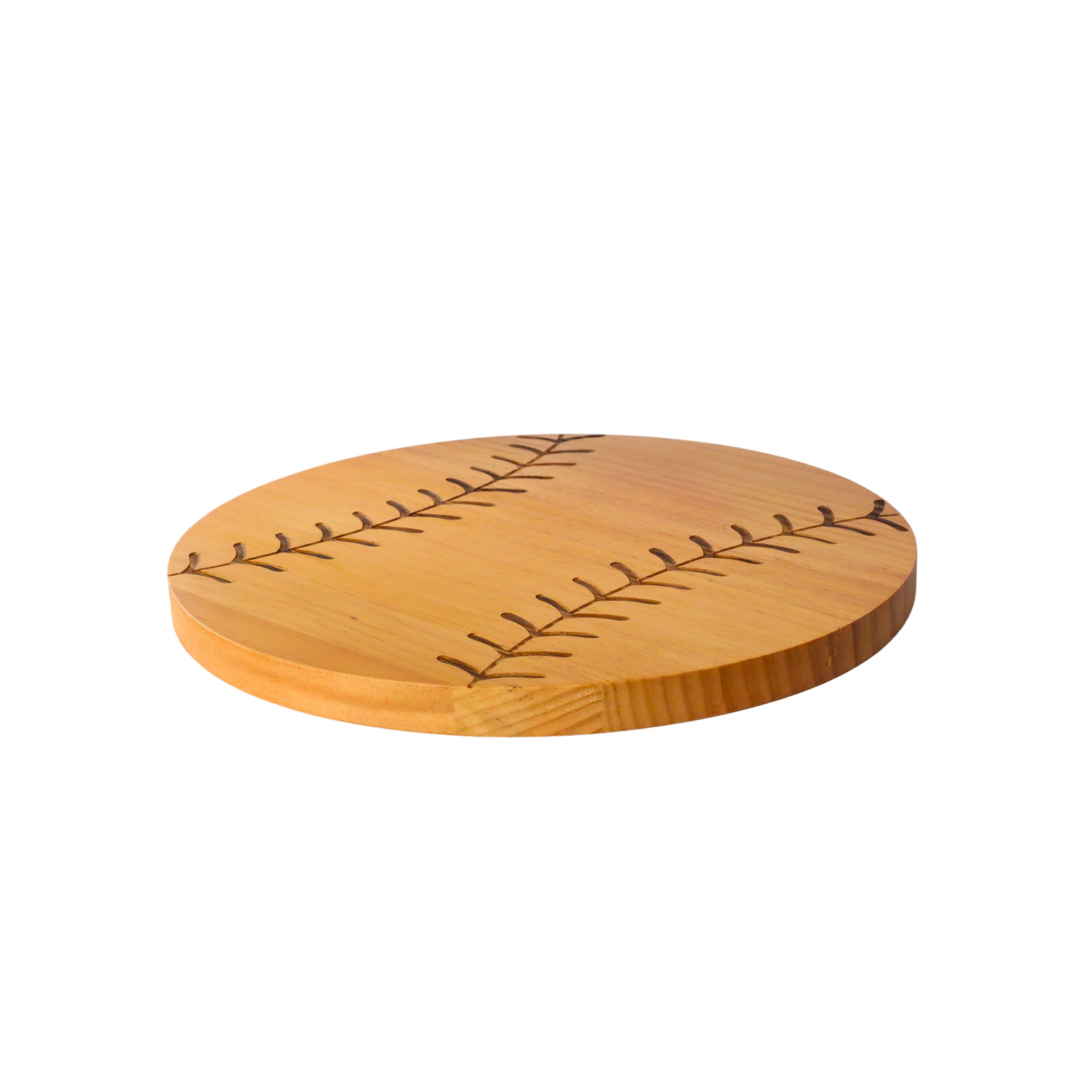 A 13-inch bamboo cutting board shaped like a baseball, showcasing its unique design and smooth surface.