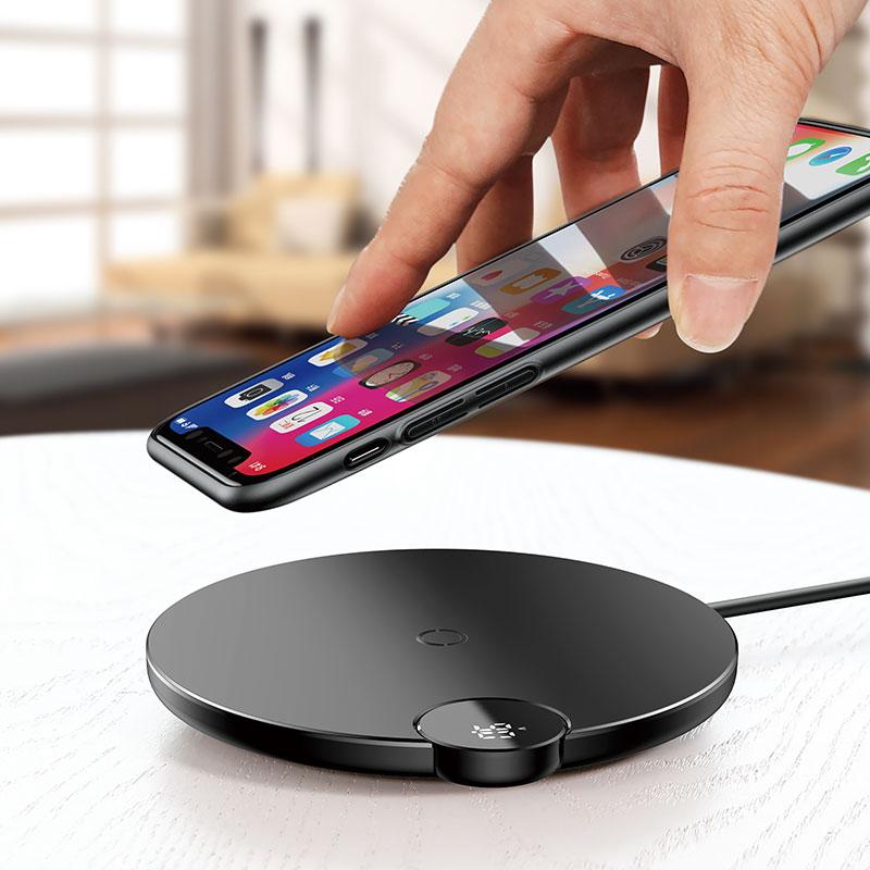 Baseus LCD Digital Display Wireless Charger with sleek design, compatible with iPhone XS Max and other smartphones.