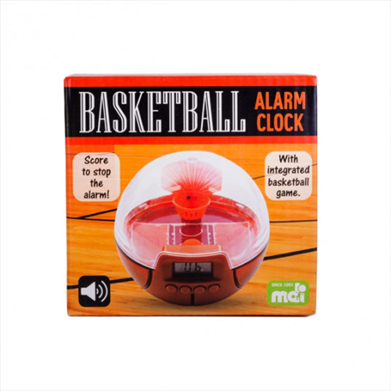 Basketball Alarm Clock with integrated game feature, compact design, and mini basketball hoop.