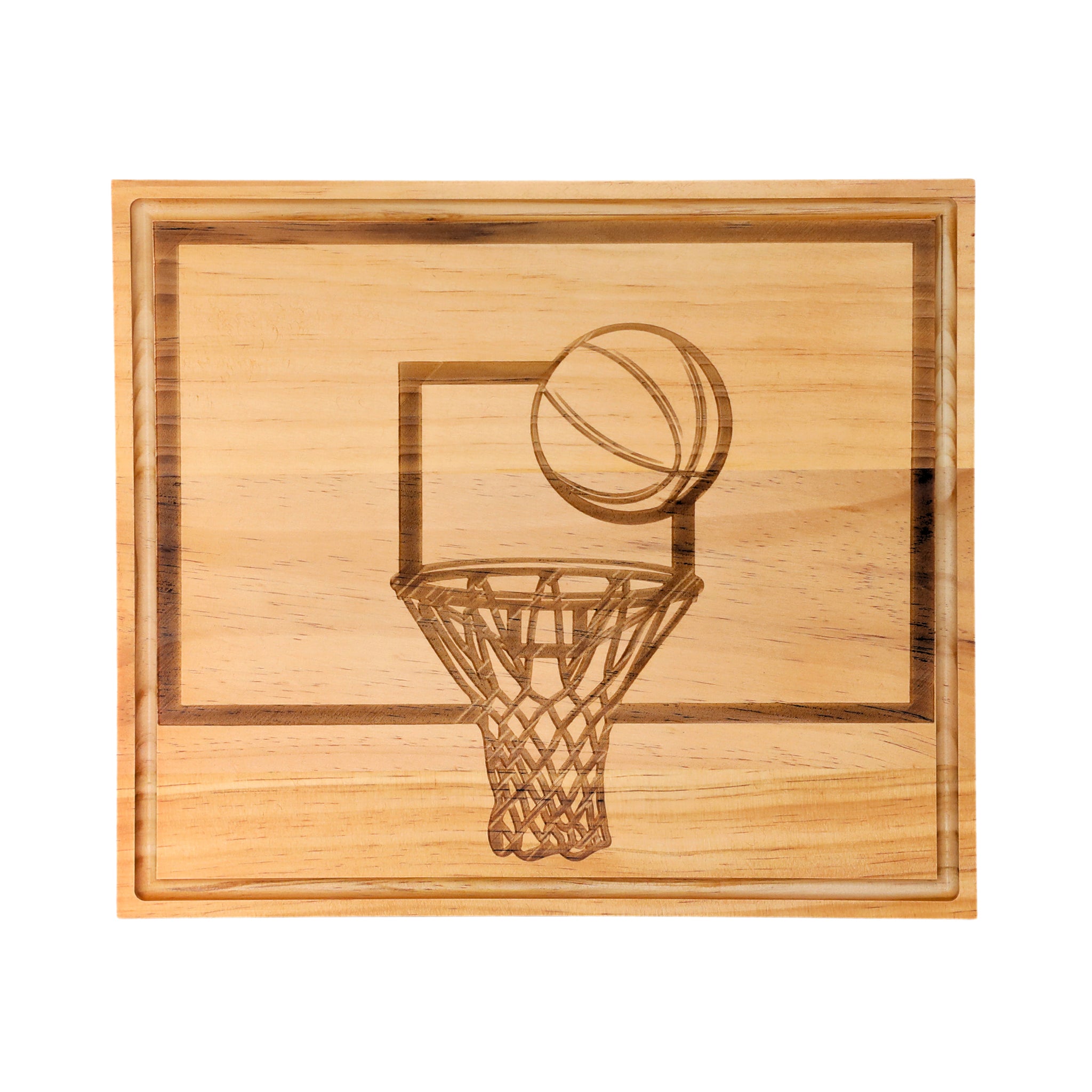 Basketball Backboard Wood Board measuring 13" x 15", made of premium bamboo, showcasing snacks.