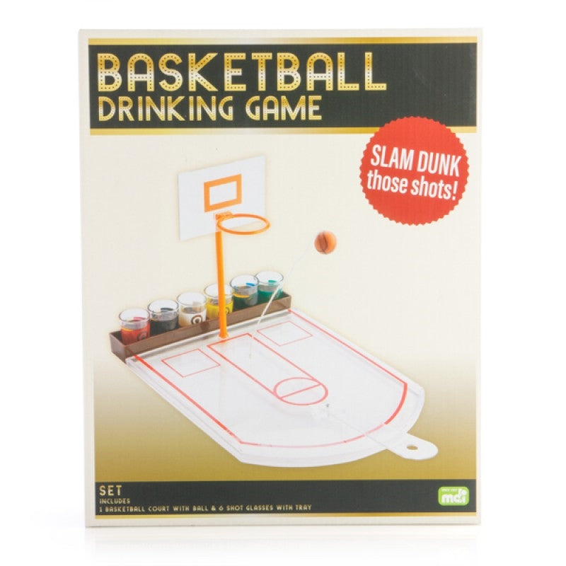 Basketball Drinking Game set with court, ball, and shot glasses arranged for play.