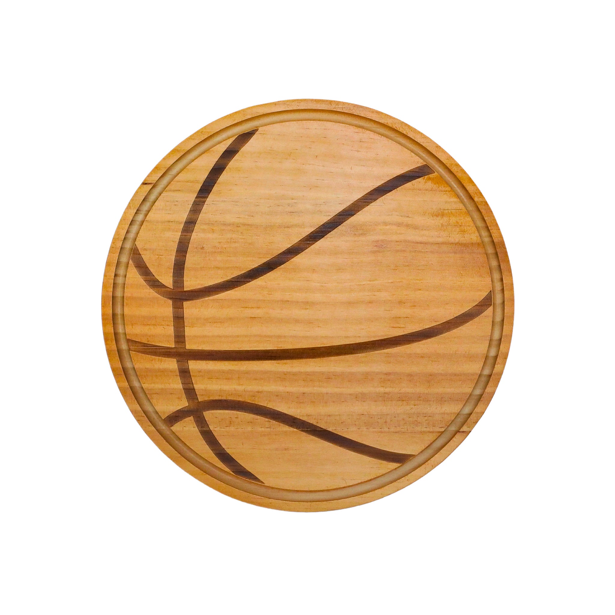 A beautifully crafted 13-inch Basketball Wood Board featuring natural wood grain patterns and grooved edges for practical use in the kitchen.