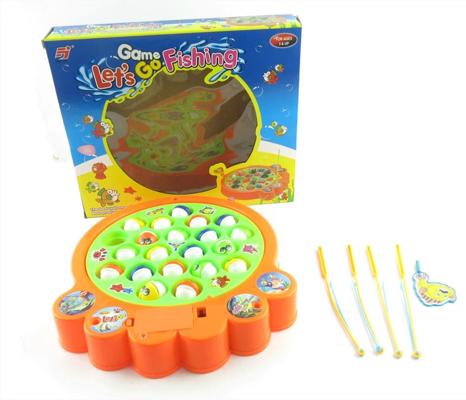 A colorful battery operated fishing game with rotating fish and fishing rods, designed for family fun.