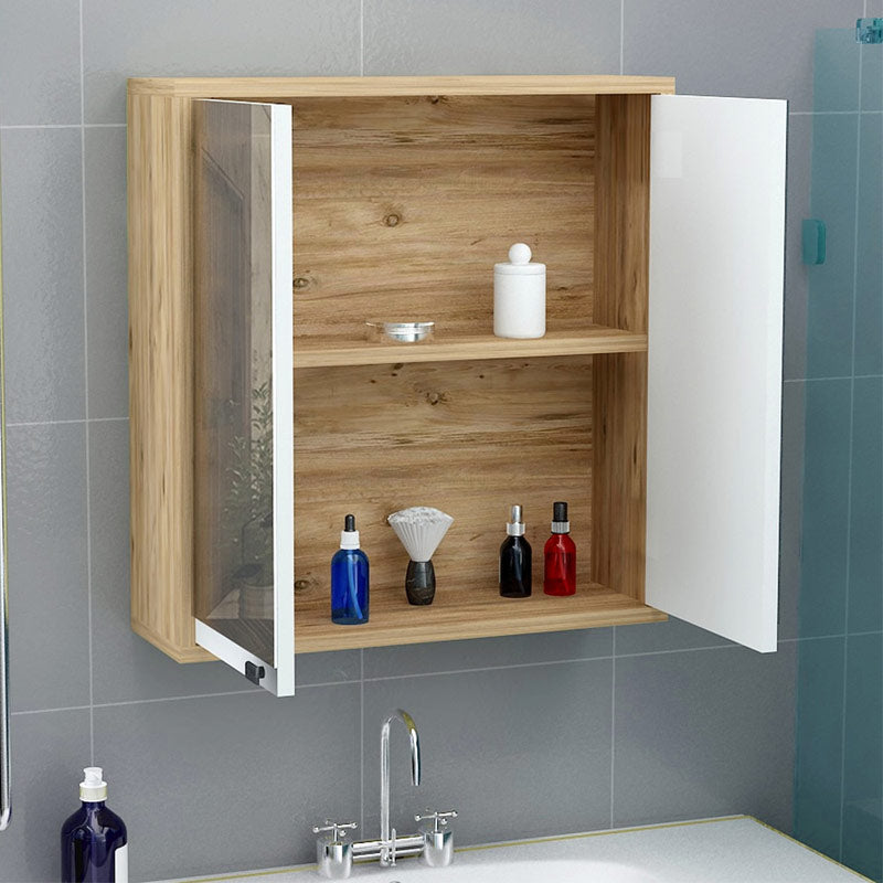 DUAL Bathroom Cabinet with mirror in natural finish, dimensions 60x15x60cm, featuring two internal shelves for organized storage.