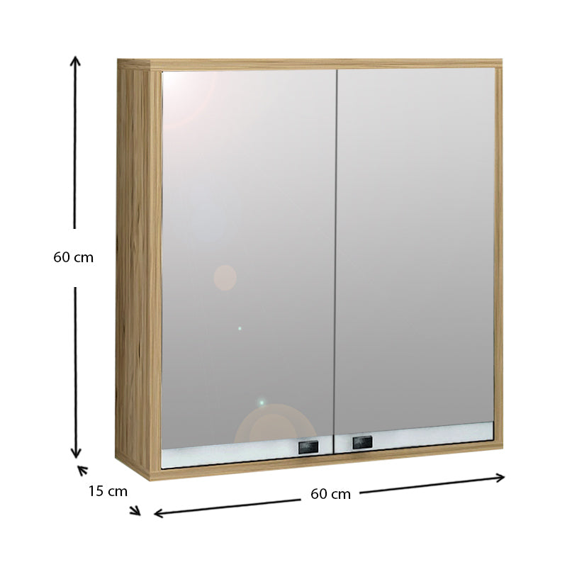 DUAL Bathroom Cabinet with mirror in natural finish, dimensions 60x15x60cm, featuring two internal shelves for organized storage.