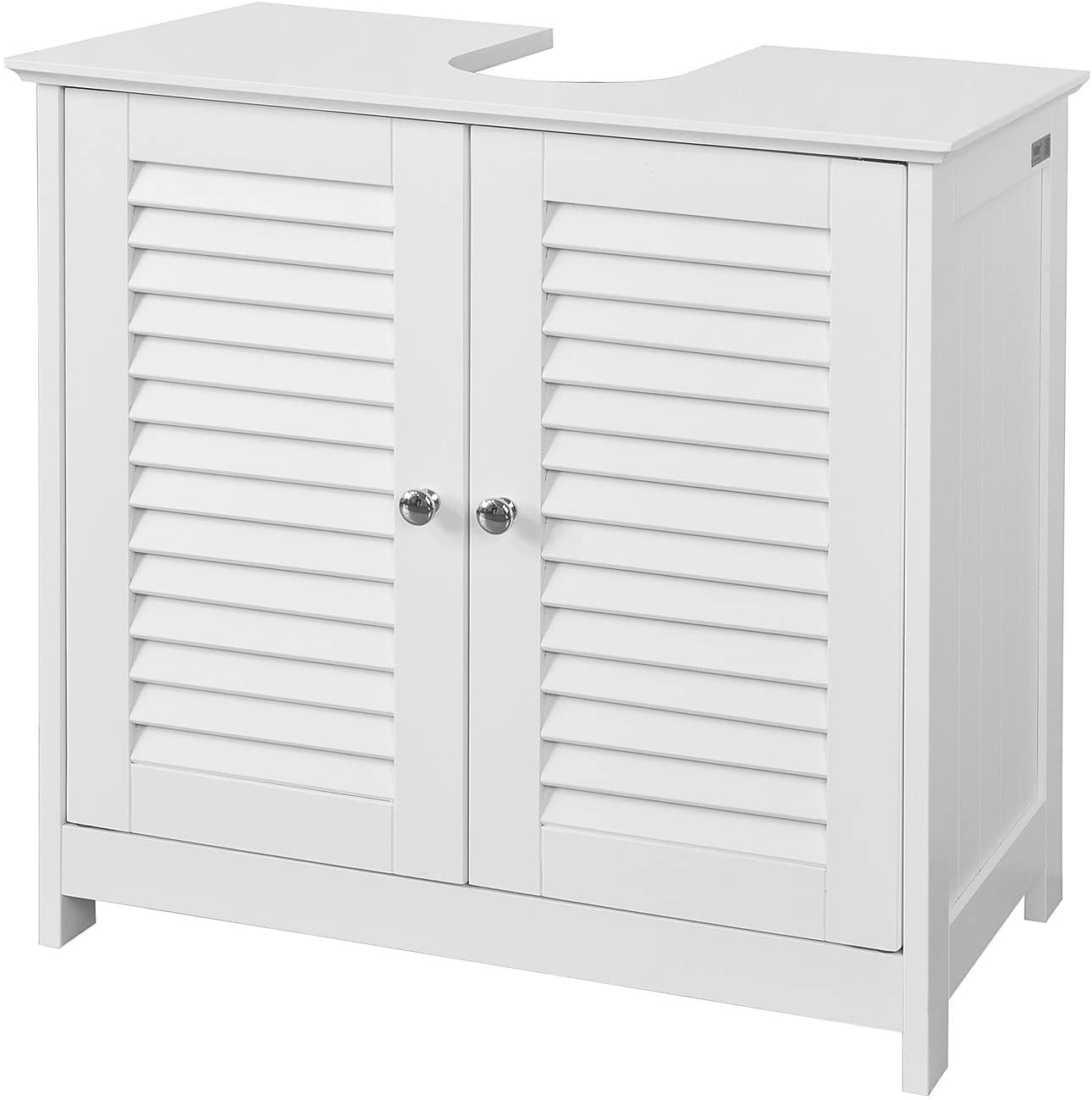 Stylish white bathroom cabinet with chromed handles and shutter doors, designed for practical storage.