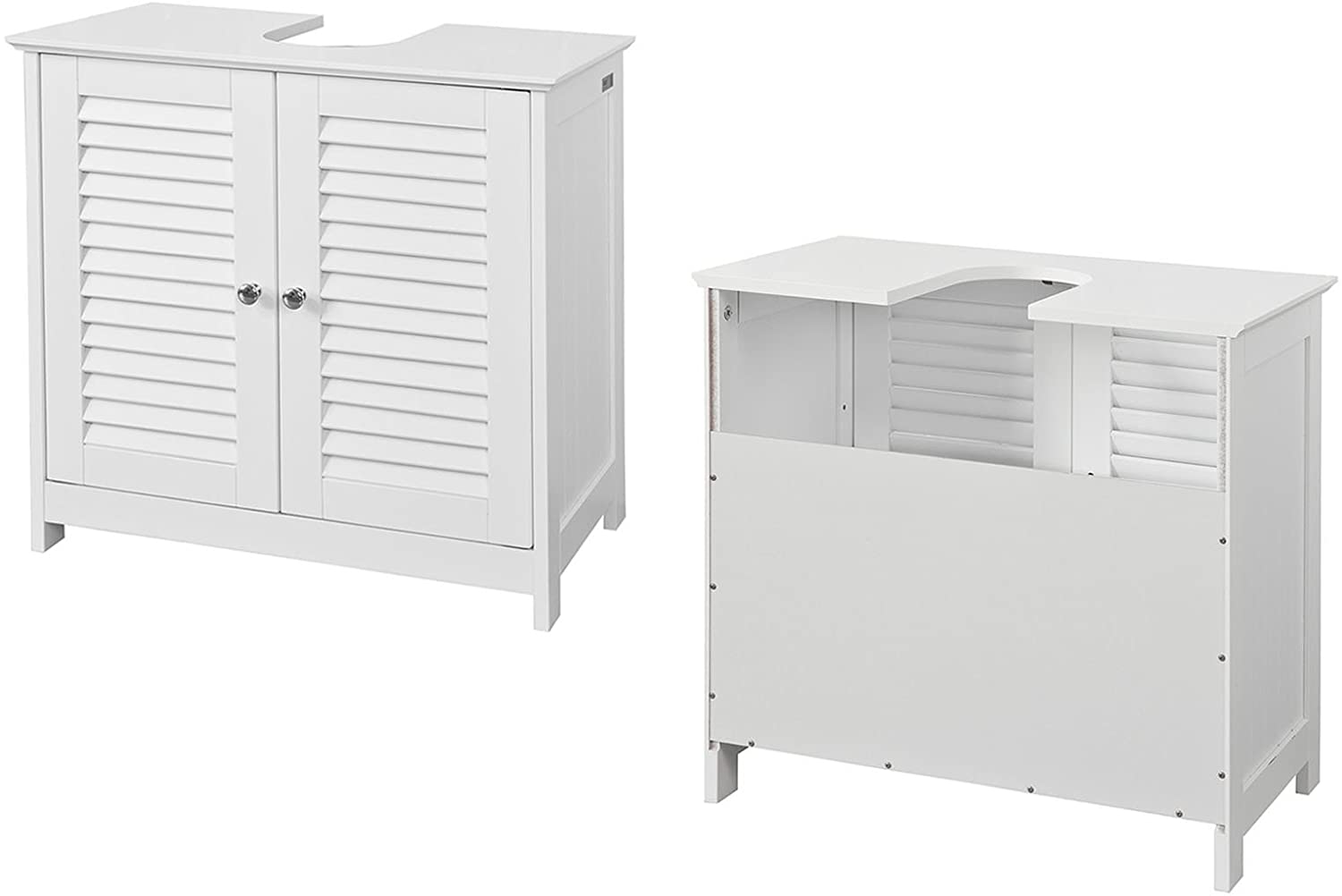 Stylish white bathroom cabinet with chromed handles and shutter doors, designed for practical storage.