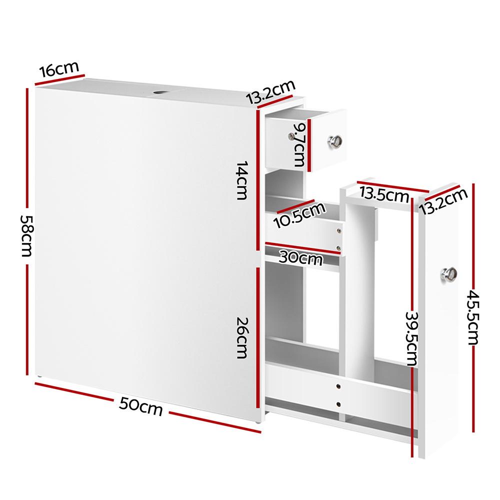 Sleek white bathroom storage cabinet made of eco-friendly MDF, featuring drawers and a tissue box holder.