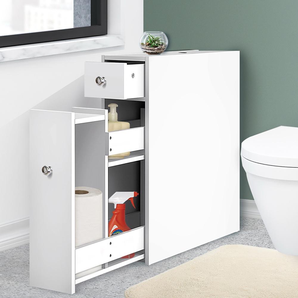 Sleek white bathroom storage cabinet made of eco-friendly MDF, featuring drawers and a tissue box holder.