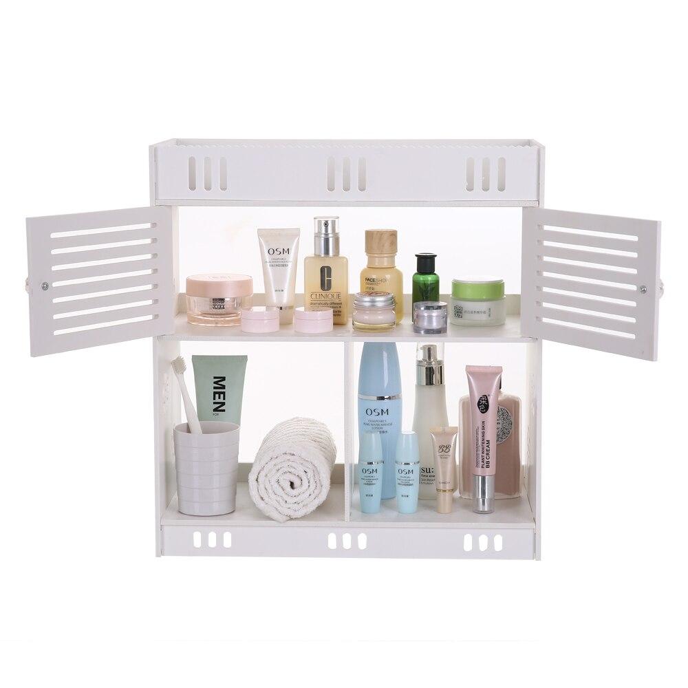 Stylish white bathroom wash wall cabinet with three layers and two doors, made of durable PVC, mounted on a wall.