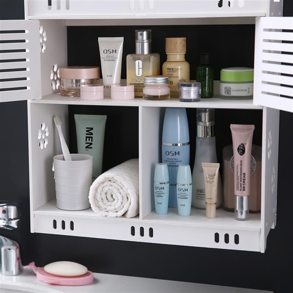 Stylish white bathroom wash wall cabinet with three layers and two doors, made of durable PVC, mounted on a wall.