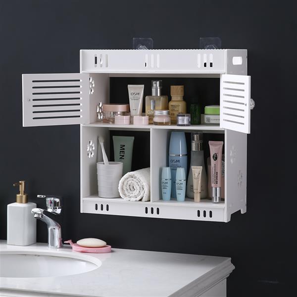 Stylish white bathroom wash wall cabinet with three layers and two doors, made of durable PVC, mounted on a wall.