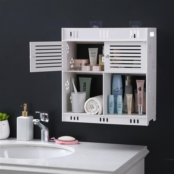 Stylish white bathroom wash wall cabinet with three layers and two doors, made of durable PVC, mounted on a wall.