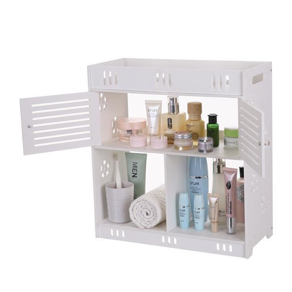 Stylish white bathroom wash wall cabinet with three layers and two doors, made of durable PVC, mounted on a wall.