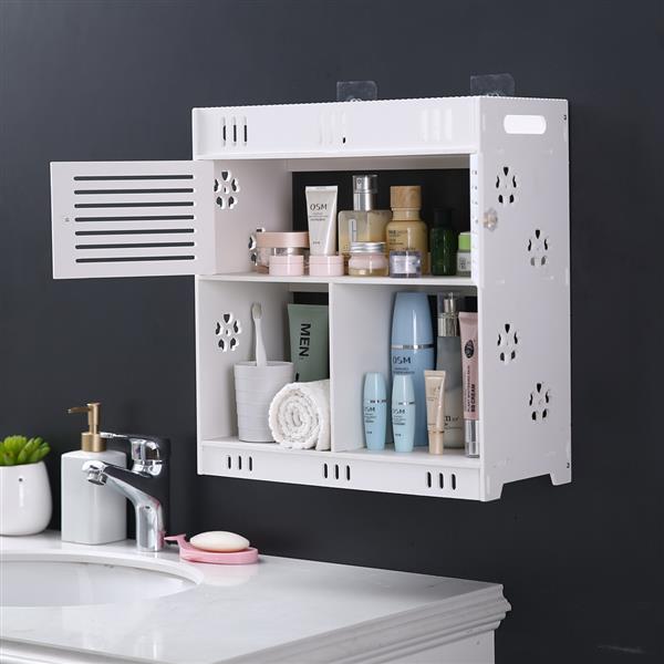 Stylish white bathroom wash wall cabinet with three layers and two doors, made of durable PVC, mounted on a wall.