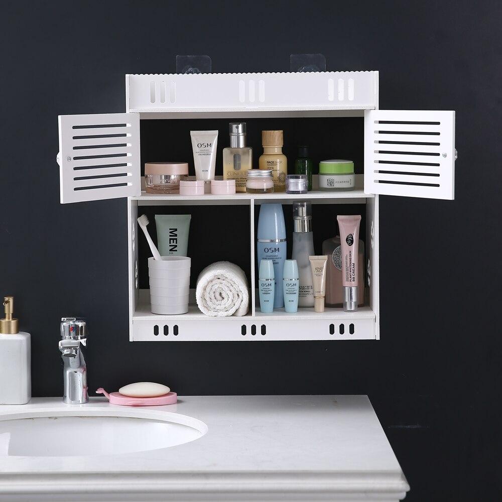 Stylish white bathroom wash wall cabinet with three layers and two doors, made of durable PVC, mounted on a wall.