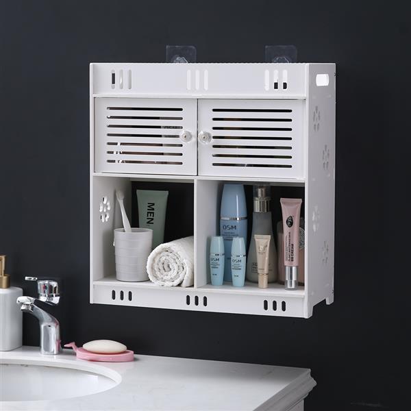 Stylish white bathroom wash wall cabinet with three layers and two doors, made of durable PVC, mounted on a wall.