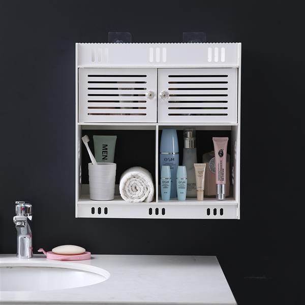 Stylish white bathroom wash wall cabinet with three layers and two doors, made of durable PVC, mounted on a wall.