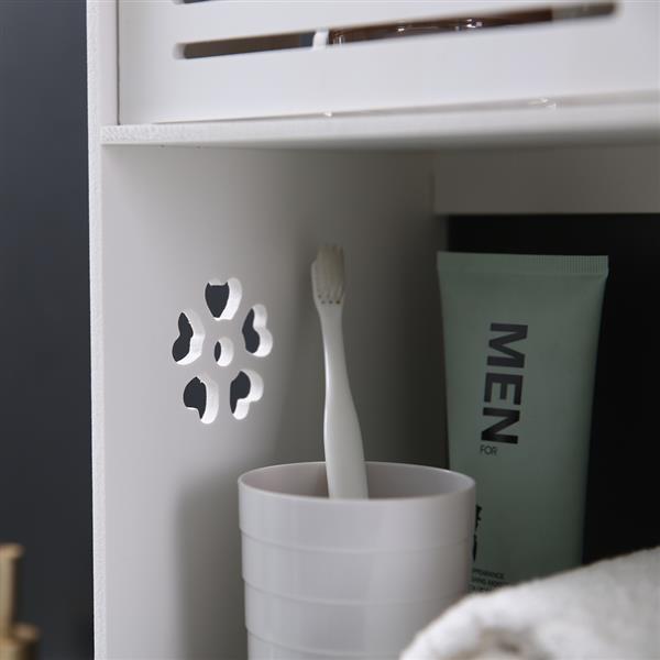 Stylish white bathroom wash wall cabinet with three layers and two doors, made of durable PVC, mounted on a wall.