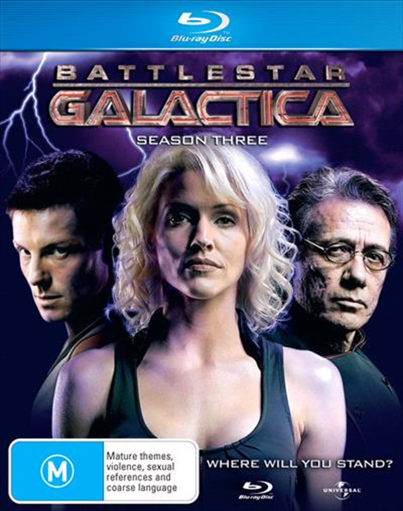 Battlestar Galactica Season 3 Blu-ray in slimline packaging featuring key characters and Cylon imagery.