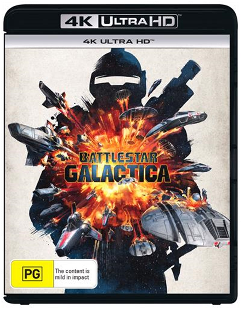 Battlestar Galactica UHD cover featuring the Galactica spacecraft and characters in a dramatic space setting.