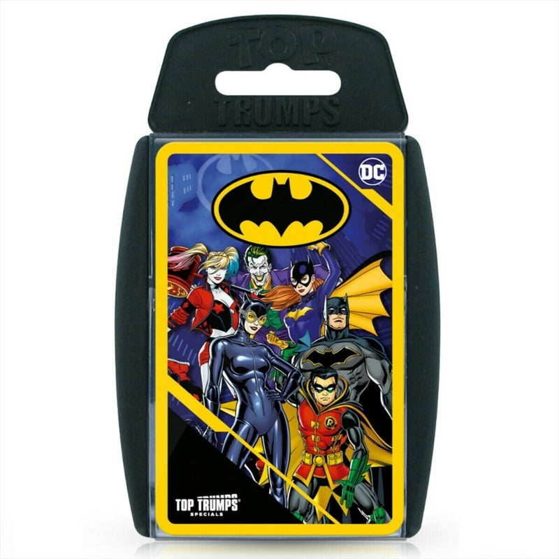 Batman Top Trumps card game featuring iconic characters and vibrant artwork.