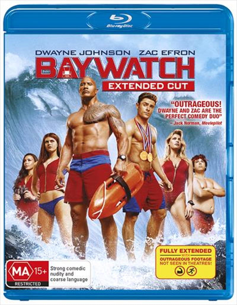 Baywatch - Extended Cut Blu-ray cover featuring lifeguards on a sunny beach with vibrant colors.