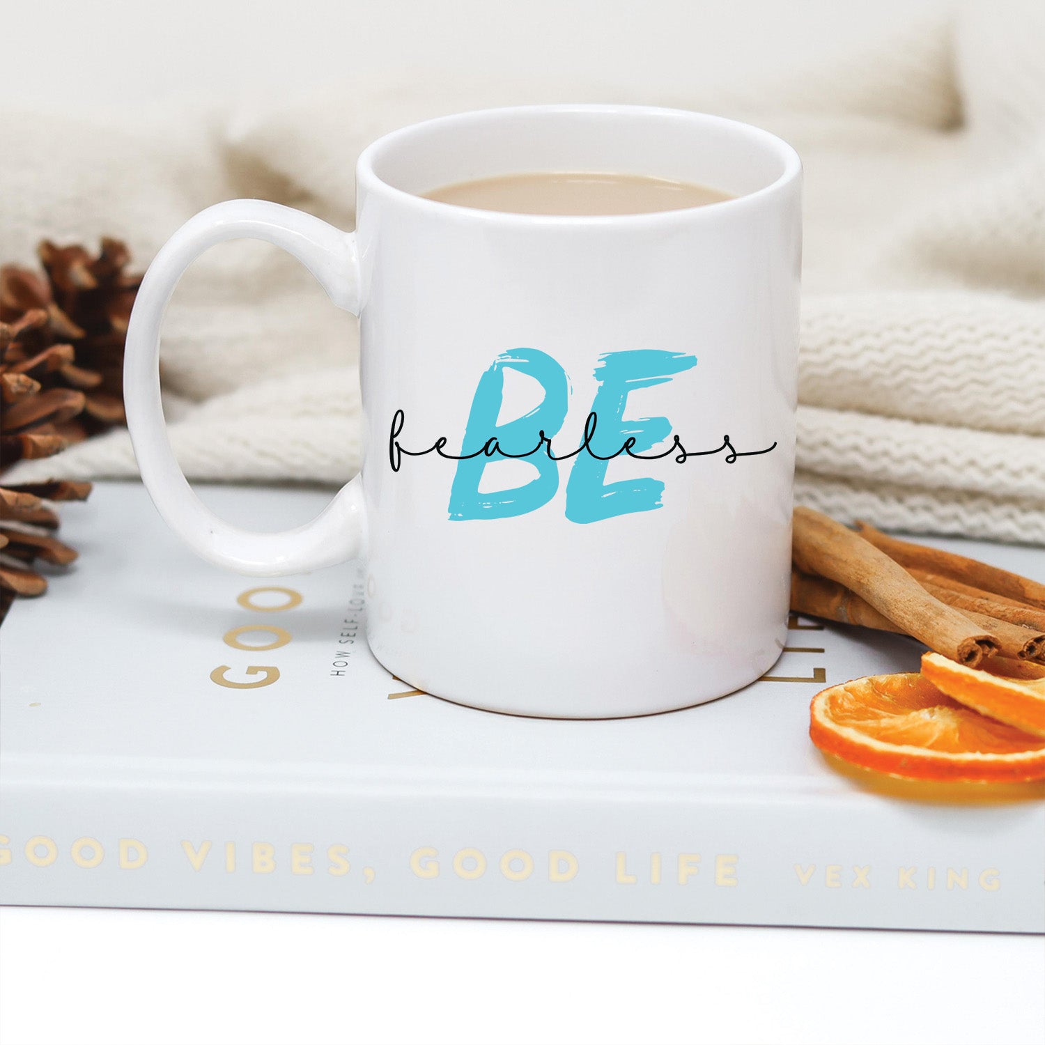 Be Fearless 15oz Mug with glossy white finish and vivid motivational print, perfect for coffee or tea.