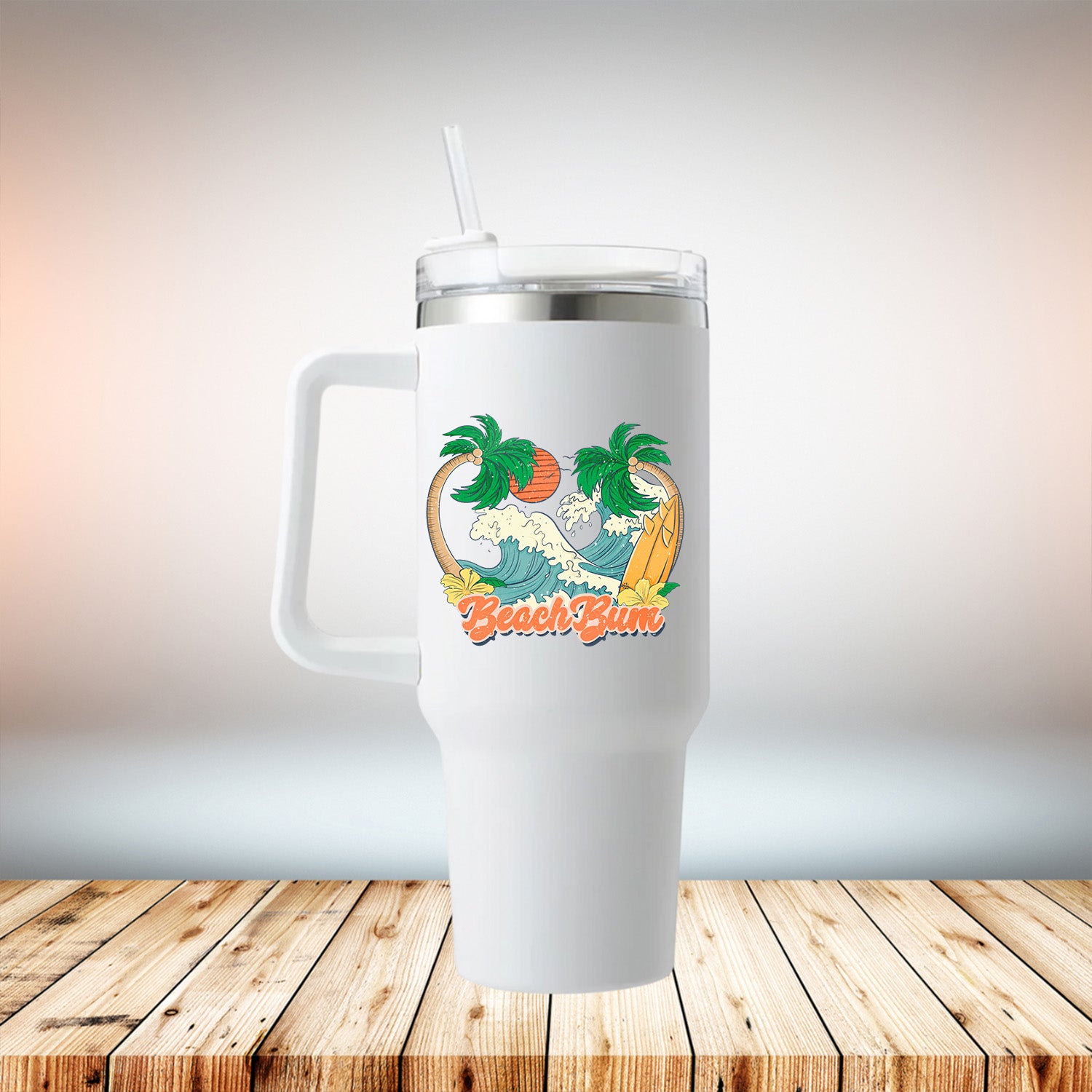 Beach Bum 40oz Travel Mug in white with removable handle and straw-friendly lid.