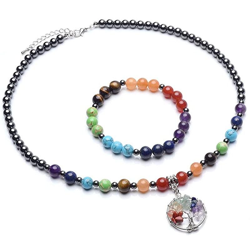 A colorful beaded bracelet featuring 7 chakra stones, showcasing vibrant colors and natural crystal textures, perfect for yoga and meditation.