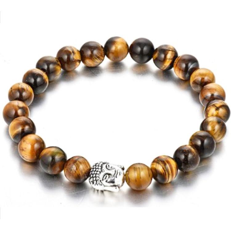 Beaded bracelet featuring 8mm tiger eye stones and Buddha beads charm, showcasing its unique design and craftsmanship.